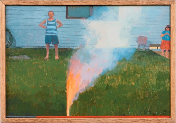Painting of a firework going off on the grass in front of a trailer with a man in a stripped tank top and blue shorts and his hands on his waist in the background