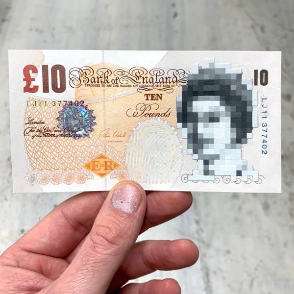 Penny Losing Resolution, 2021 15 layer hand cut stencil Spray paint on genuine ten Pound banknote Signed and numbered HPM of 20 7.5 x 14.2 cm