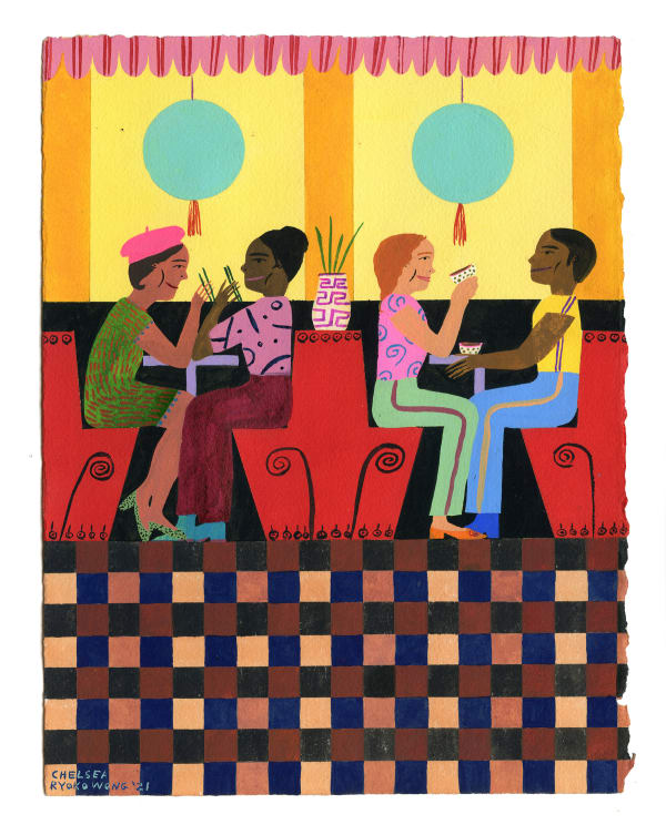 Chelsea Wong work on paper of people eating in dim sum restaurant