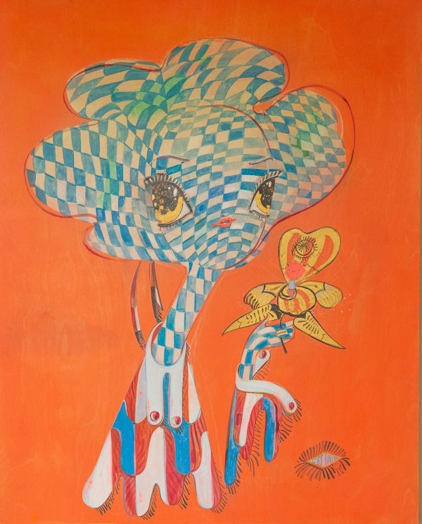 blue checkered woman holding a yellow flower over an orange background