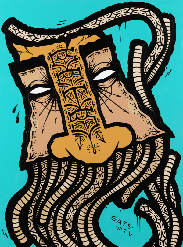 image of a mysterious figure with tentacle like appendages on a turquoise background