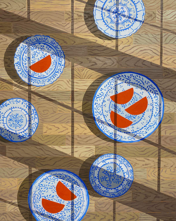 Natalia Juncadella painting of plates with oranges on wood background with shadow overlay