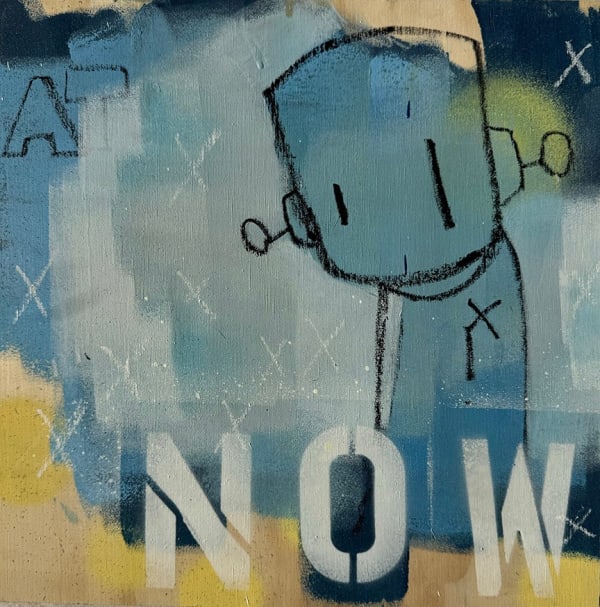 blue robot and the word "NOW" inscribed on canvas