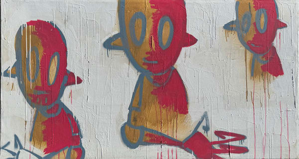 three red and gold robots against a silver background