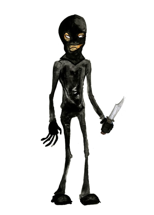 Painting by Alex Pardee of a man in all black with a black ski mask covering his face holding a knife