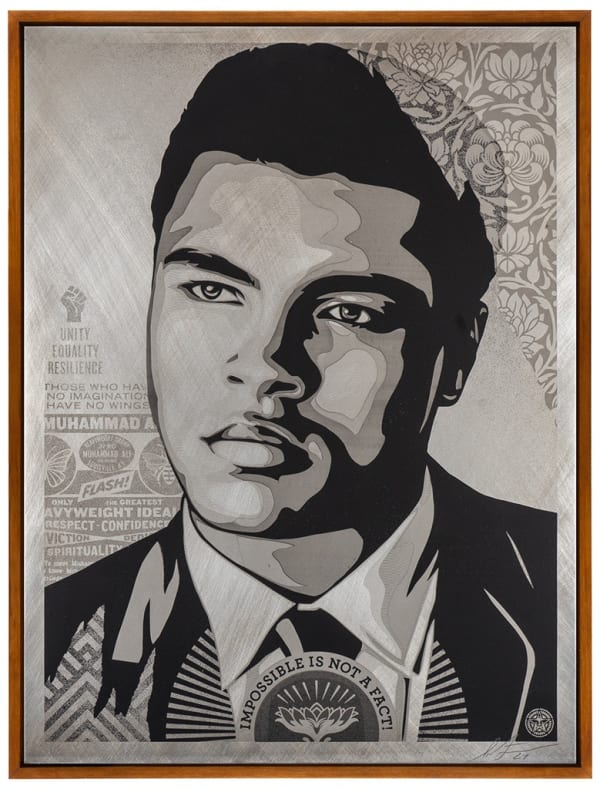 black and white screen print of Muhammad Ali