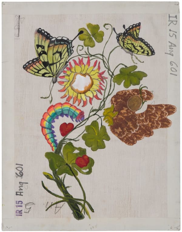 Katherine Sherwood mixed media work with butterflies, rainbow caterpillar and leaves
