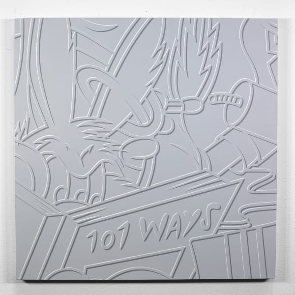 Painting by Greg Mike for "Supersonic Invitational X". Gray scale outline of a cartoon creature reading a book labeled "101 Ways".