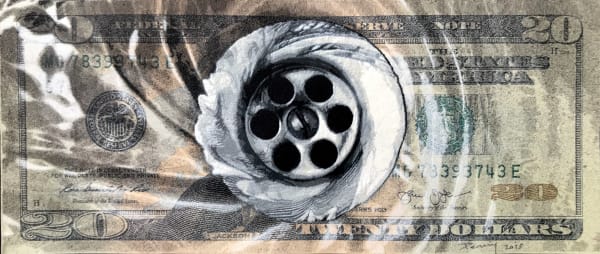Stencil of water flowing down a drain on a Twenty Dollar bank note by Penny