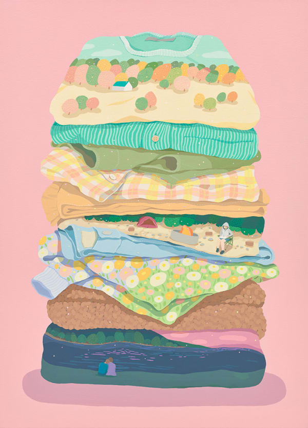 Danym Kwon - Painting of stacked clothes. Some clothes are patterned with sceneries of nature. The background is solid pink.