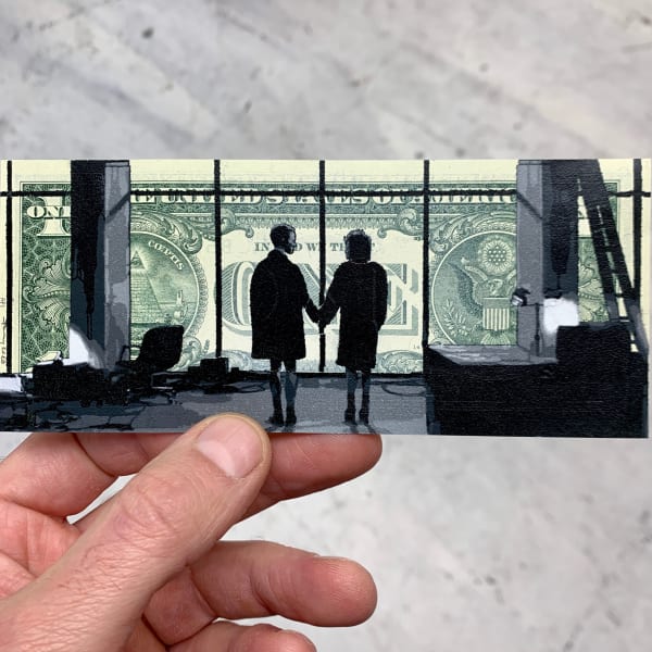 Penny You Met Me at a Very Strange Time in My Life (AP #1), 2020 8 layer hand cut stencil Spray paint on a Dollar bill Signed and numbered AP #1 Framed 2 5/8 x 6 1/8 in 6.6 x 15.6 cm