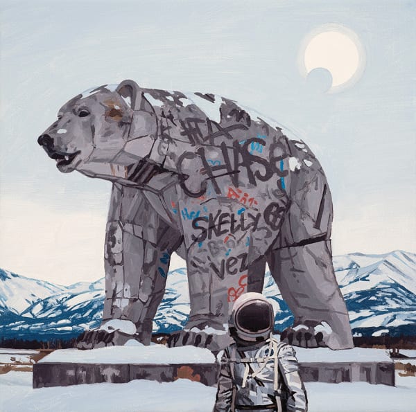 Painting by artist Scott Listfield depicting an astronaut in a white suit in front of a large monument of a Polar bear covered in graffiti.