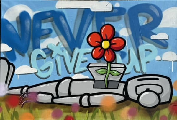grey robot laying on its back as a red flower grows out of his chest with the words "Never Give Up" in the background