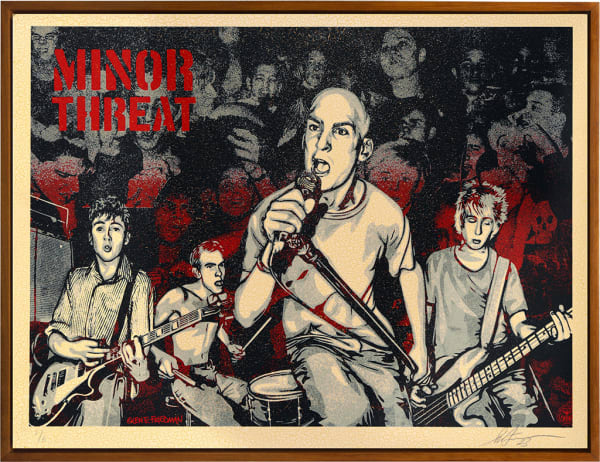 black and white image of Minor Threat performing with black and white photo of fans in the background with red accents