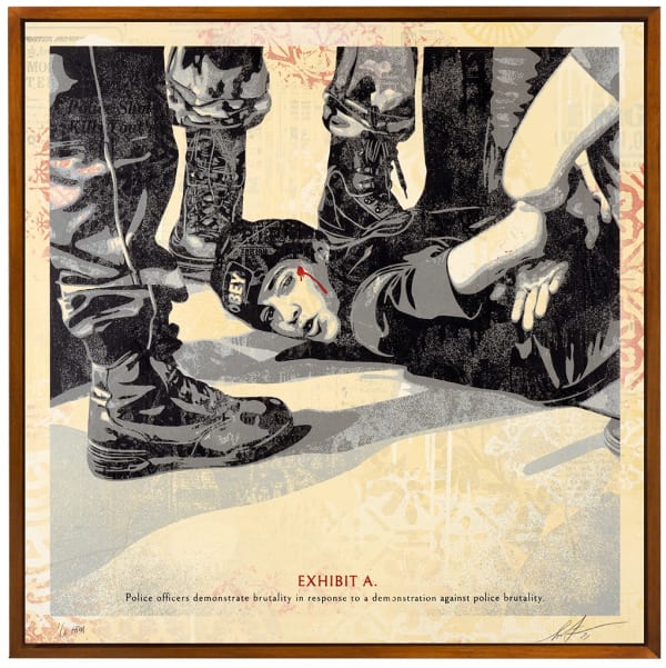 black and white print of a person being arrested with the feet of multiple cops around them and a highlight of blood on the persons cheek