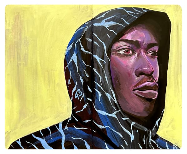 painting in an open face Moleskine notebook depicting a man wearing a patterned hooded jacket against a yellow background by artist Bags43