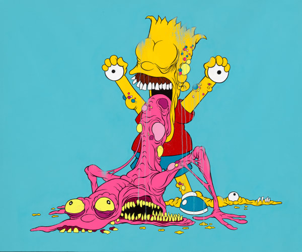 Painting of Bart Simpson holding his eyeballs and a creature coming out of his mouth by Alex Pardee