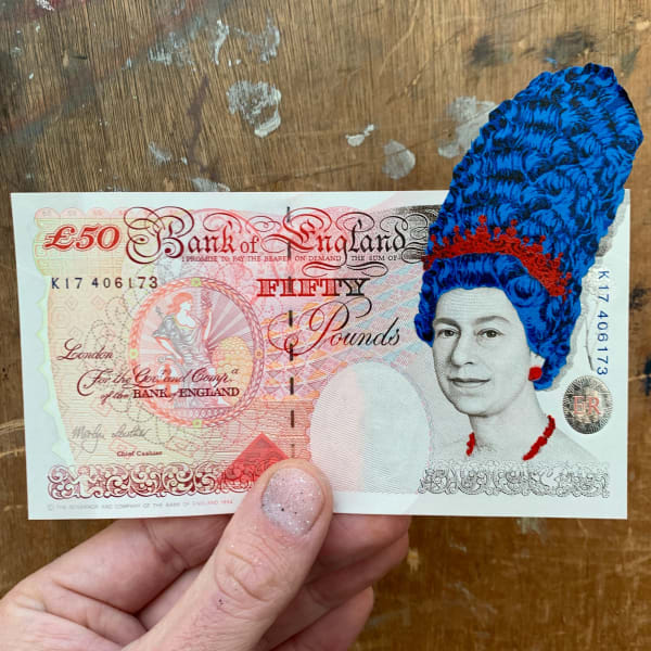 Penny Her Margesty - Fifty, 2021 11 layer hand cut stencil Spray paint on vintage fifty Pound banknote Circa 1990 (blue hair painted on one Dollar bill) Signed and numbered HPM of 10 3 3/8 x 6 1/8 in 8.5 x 15.6 cm Edition of 10 Framed Edition: $1,950