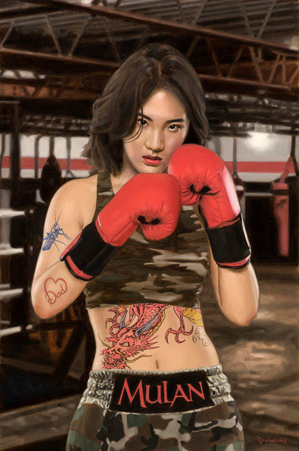 Painting of a woman with tattoos in a gym wearing red boxing gloves