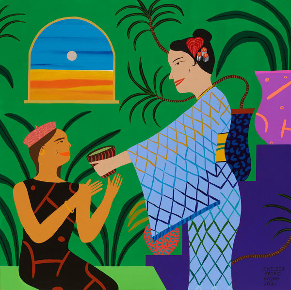 Chelsea Wong painting of geisha serving tea to woman
