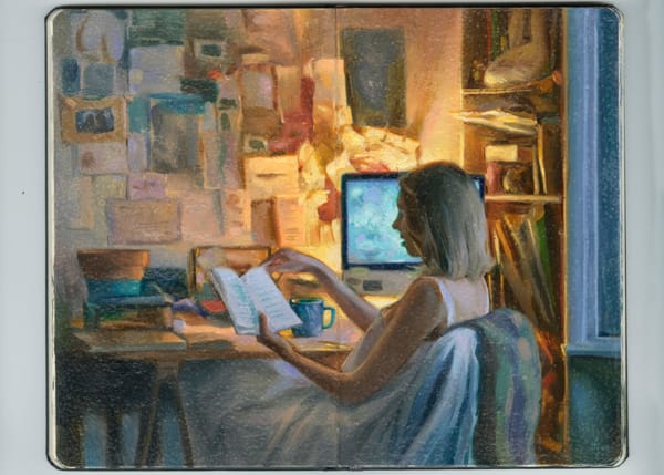 Painting of a woman sitting in front of a computer desk reading book. There are lots of various pieces of paper up on the wall facing her behind the desk as well as a messy bookshelf.