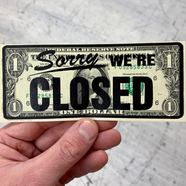 Penny Sign of the Times (HPM #2), 2020 2 layer hand cut stencil Spray paint on genuine one Dollar bill Signed and numbered HPM of 2/25 Framed 6.6 x 15.6 cm