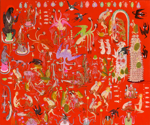 Painting by Mu Pan of creatures, animals and human hybrids eating, sleeping, killing, flying and climbing