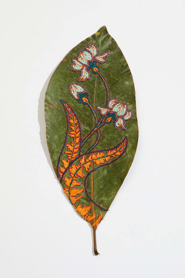 Hillary Waters Fayle hand embroidered floral design on leaf