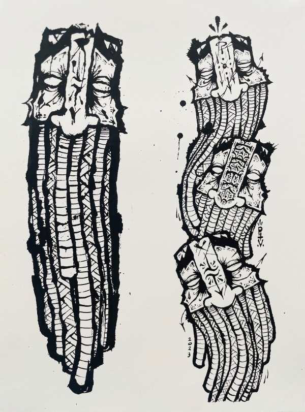 Several GATS characters painted in black ink on a white paper