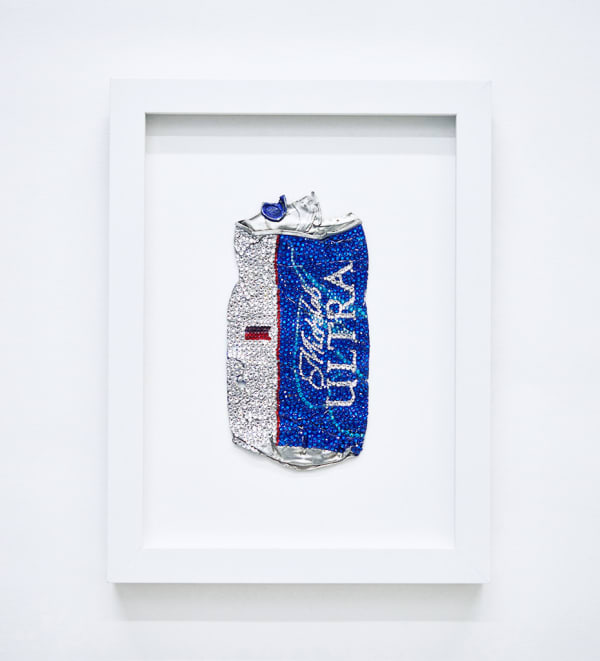Sam Keller sculptural wall piece framed featuring found beer can and applied crystals