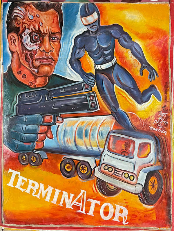 Deadly Prey (Death is Wonder) Terminator, 2020 oil and enamel on flour sack 54 x 40 in 137.2 x 101.6 cm