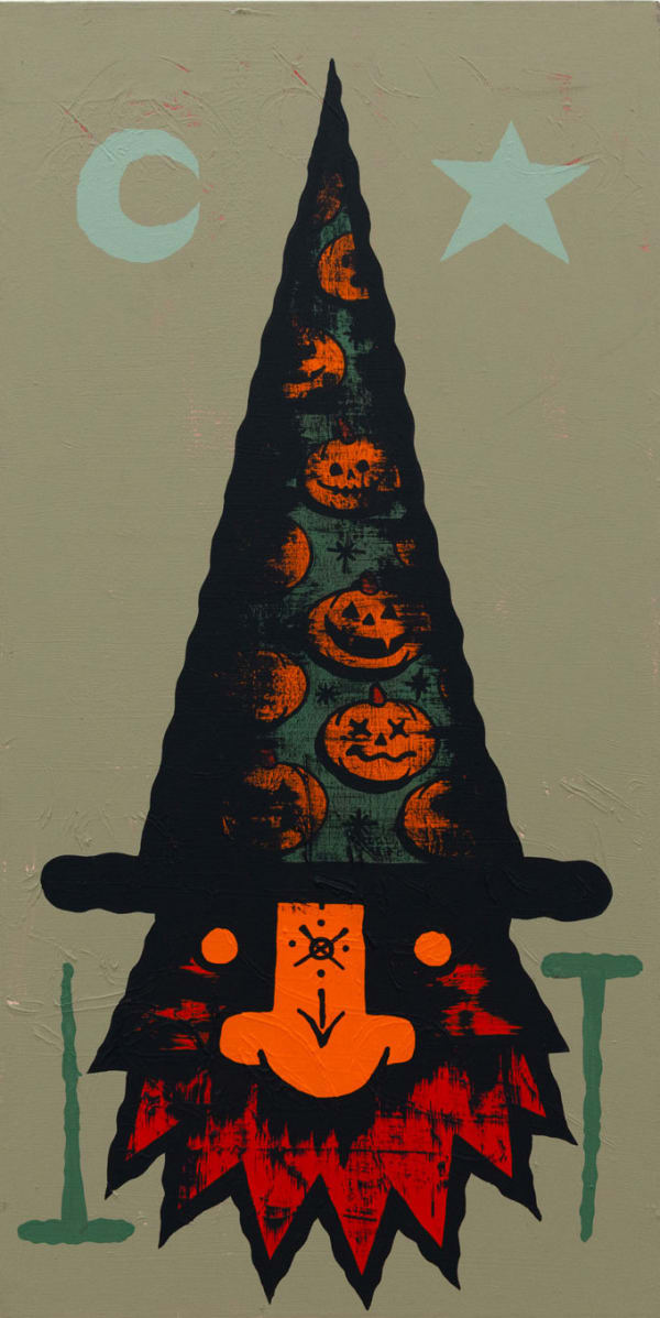 Painting of a GATS character with a tall witch hat with pumpkins on it and a red beard on green background