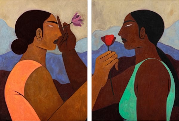 Hilda Palafox diptych women holding flowers