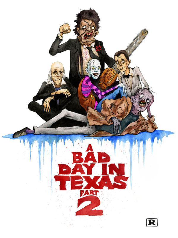 Painting by Alex Pardee of different creatures posing together and the words A Bad Day in Texas Part 2 below them in red