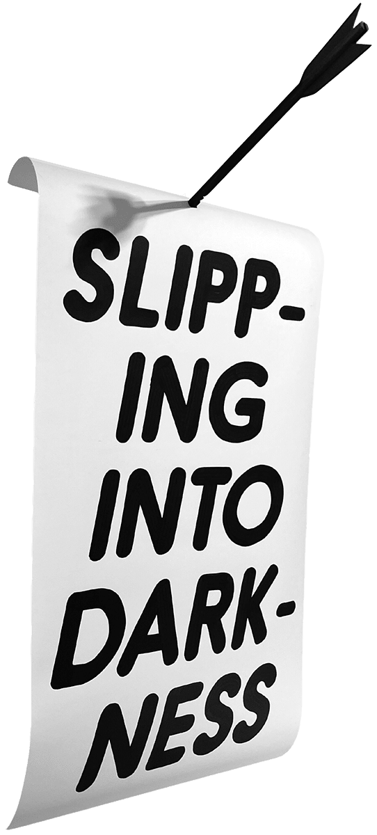 white scroll with all uppercase black text and an arrow going through the paper at the top