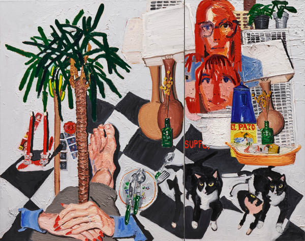 Emilio Villalba painting of faces, cats and various objects