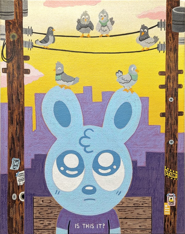 blue cartoon rabbit looking up at birds sitting on a telephone line