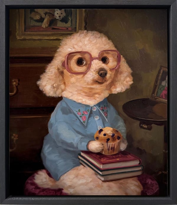 A painting of a seated white dog wearing square glasses, a blue shirt, holding a stack of books and a muffin.