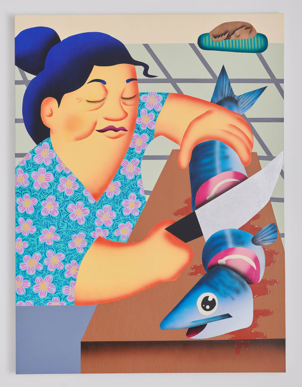 Loc Huynh "Holy Mackerel" acrylic and enamel painting on canvas featuring figure cutting a fish on counter, blue tones with pink and green accents