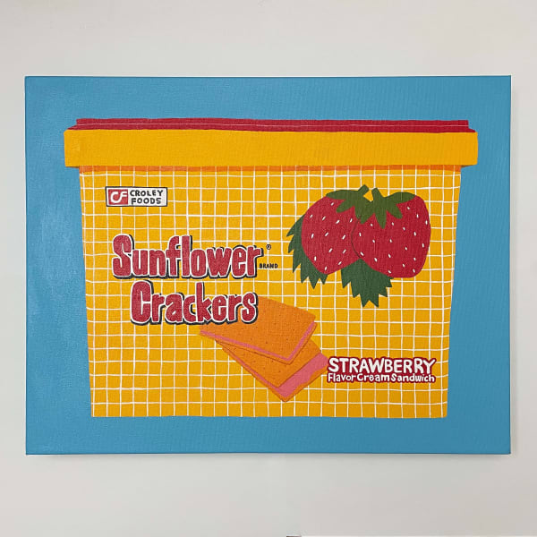 Jackie Brown "Sunflower Crackers" painting of yellow cookie box with strawberries against a blue background