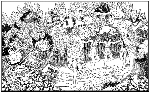 Screen print of figures dancing in a forest by Chuck Sperry