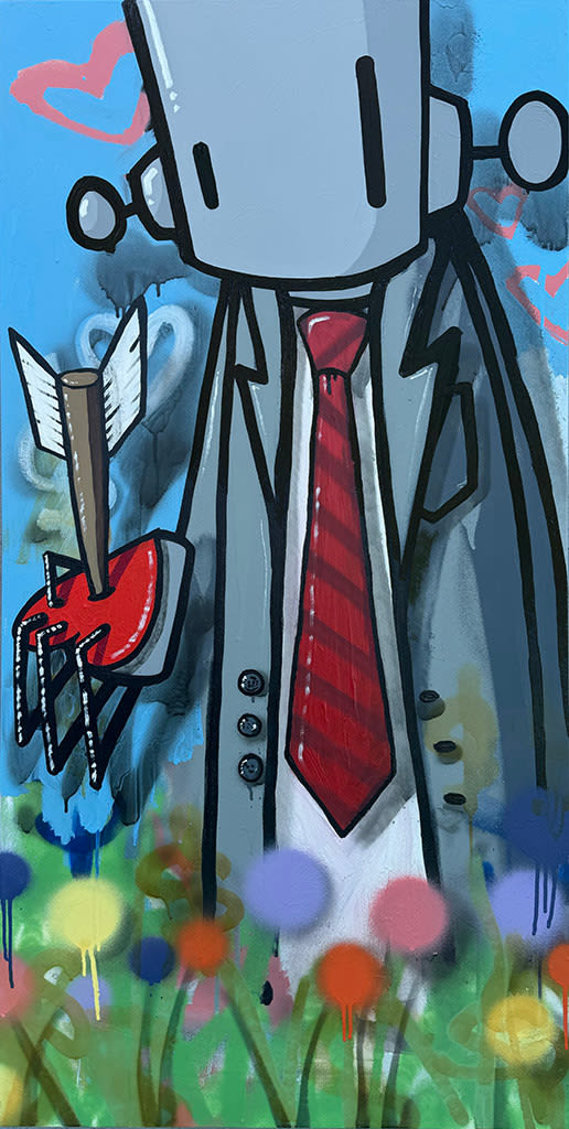 grey robot with a suit jacket and red striped tie holding a red heart with an arrow through it