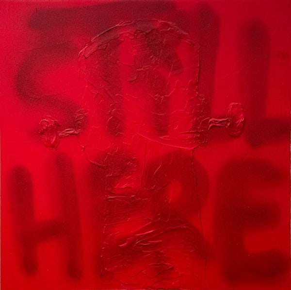 red canvas with the words "Still Here" and a robot figure