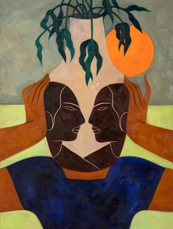halda palafox painting of a woman holding a vase with two faces on them