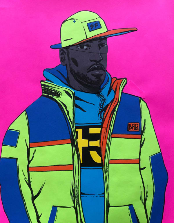 Dennis Brown's piece on paper of a male figure wearing a hat and a jacket