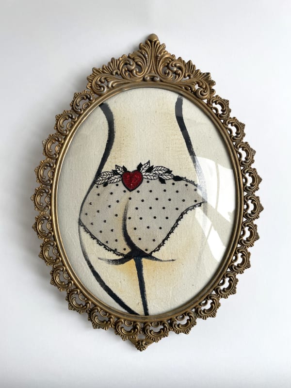 framed drawing of a the backside of a woman wearing black lace underwear
