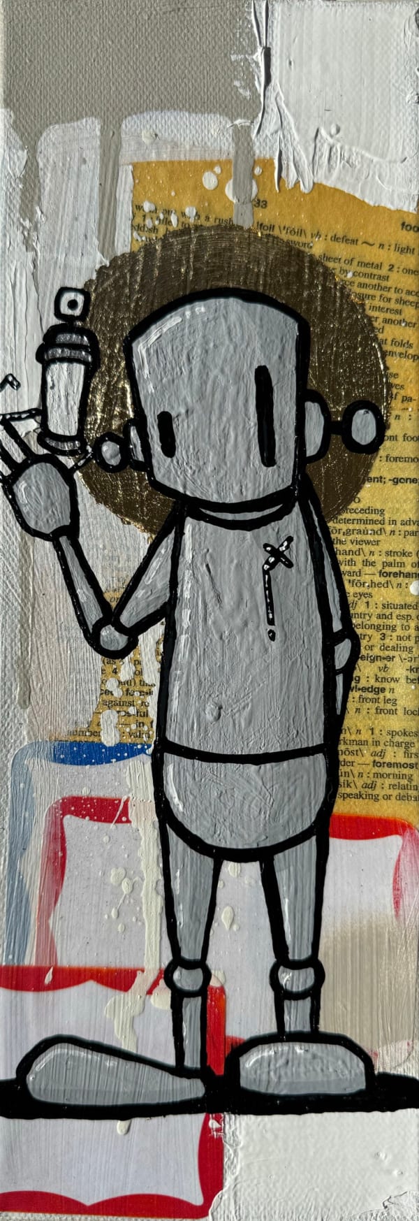 silver robot standing straight up with spray paint can