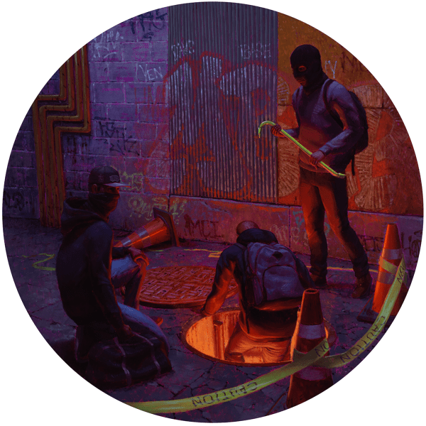 Circular painting of three masked men entering a graffiti covered sewer.