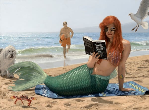Painting of a mermaid laying on a towel on a beach reading a book
