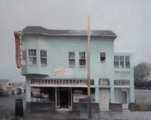 Kim Cogan - Painting of a a liquor store from street view, the building is in lake green